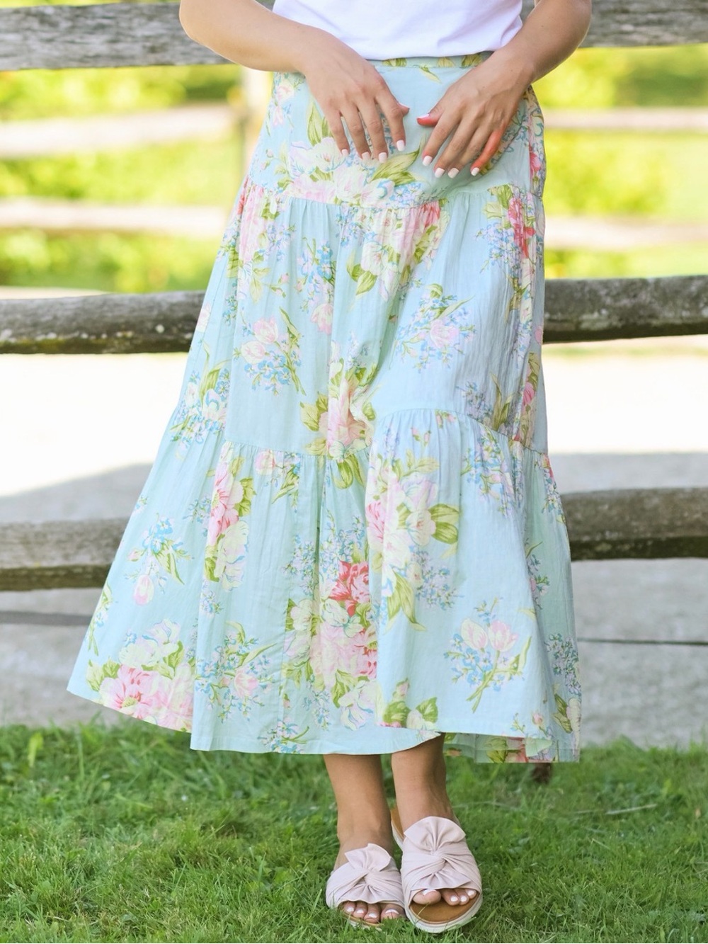 April Cornell Light Blue Floral Maxi Skirt 100% cotton